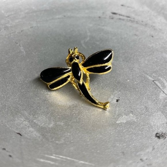 Vintage Dragon Fly Brooch/Pin Black & Gold Metal - Picture 2 of 2
